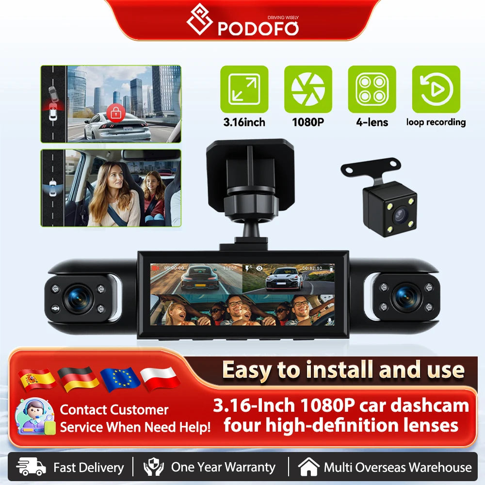 Cameră Auto Podofo 4 în 1 Full HD 1080P – Vedere Nocturnă, Monitor Parcare și Detectare Mișcare