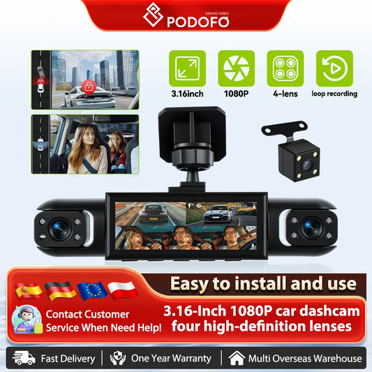 Cameră Auto Podofo 4 în 1 Full HD 1080P – Vedere Nocturnă, Monitor Parcare și Detectare Mișcare
