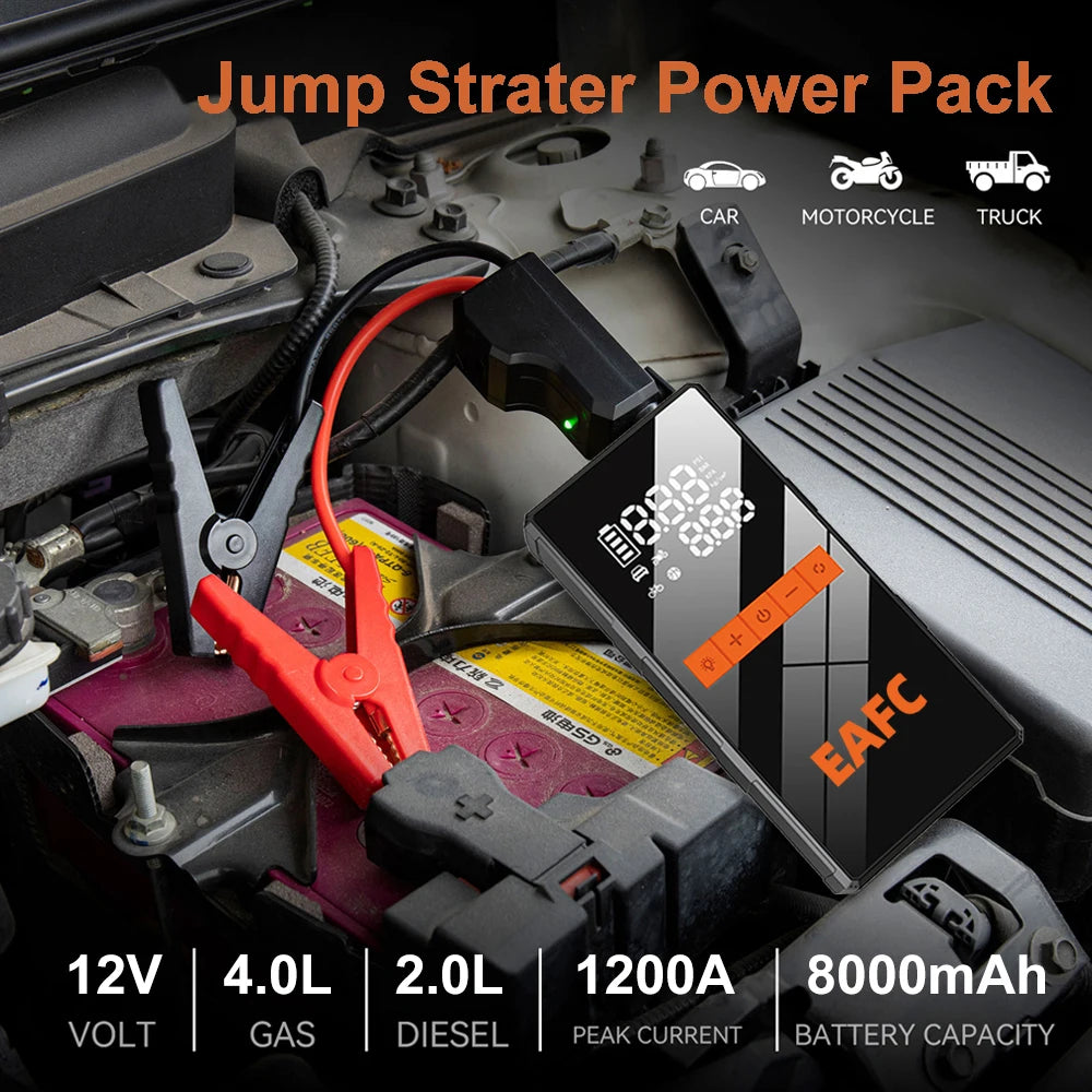 Jump Starter Auto 1200A 4 în 1 – Compresor 150 PSI, Power Bank și Lanternă LED