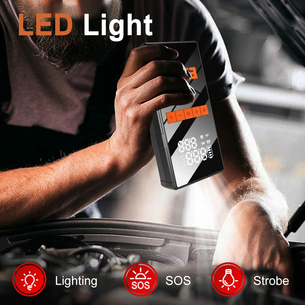Jump Starter Auto 1200A 4 în 1 – Compresor 150 PSI, Power Bank și Lanternă LED