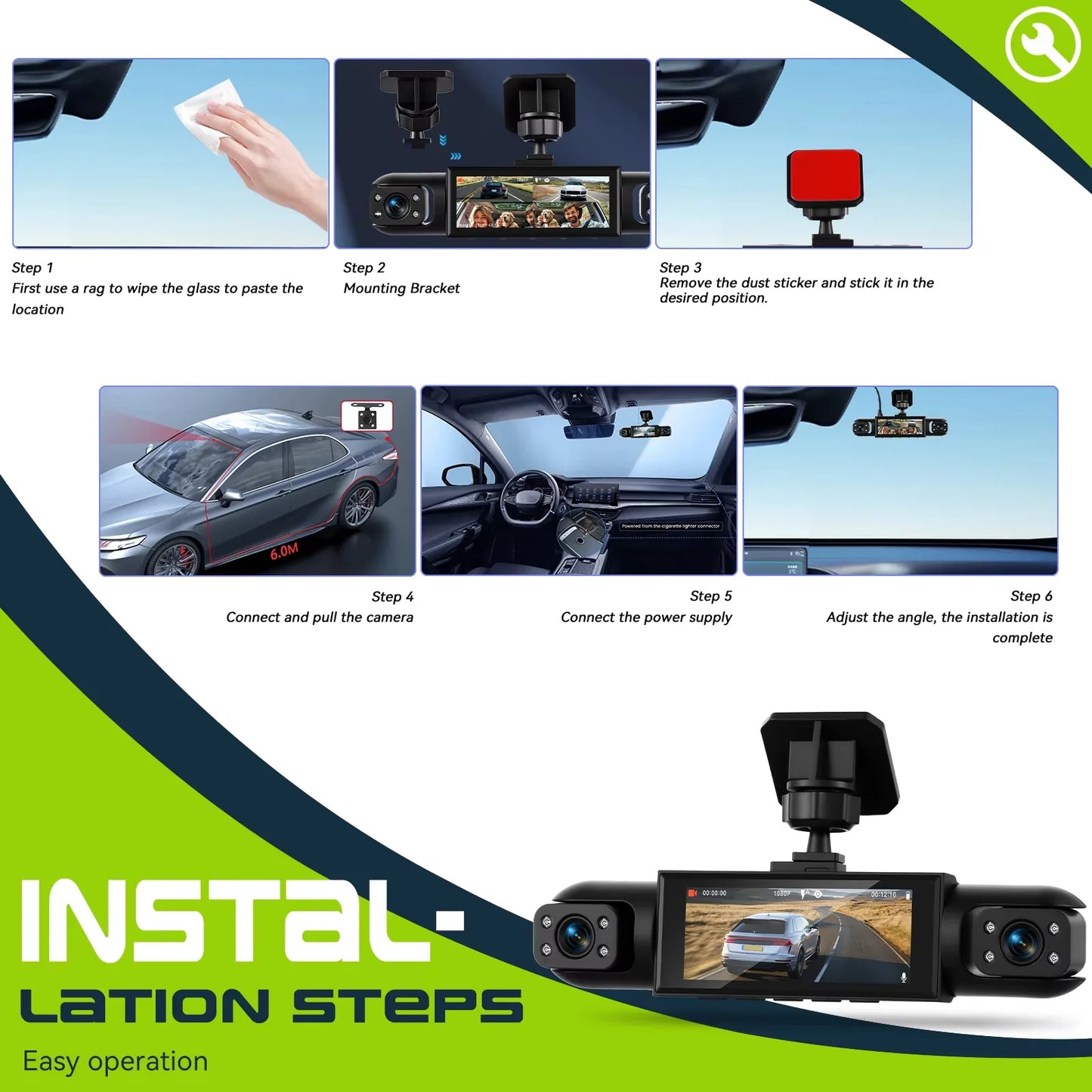 Cameră Auto Podofo 4 în 1 Full HD 1080P – Vedere Nocturnă, Monitor Parcare și Detectare Mișcare