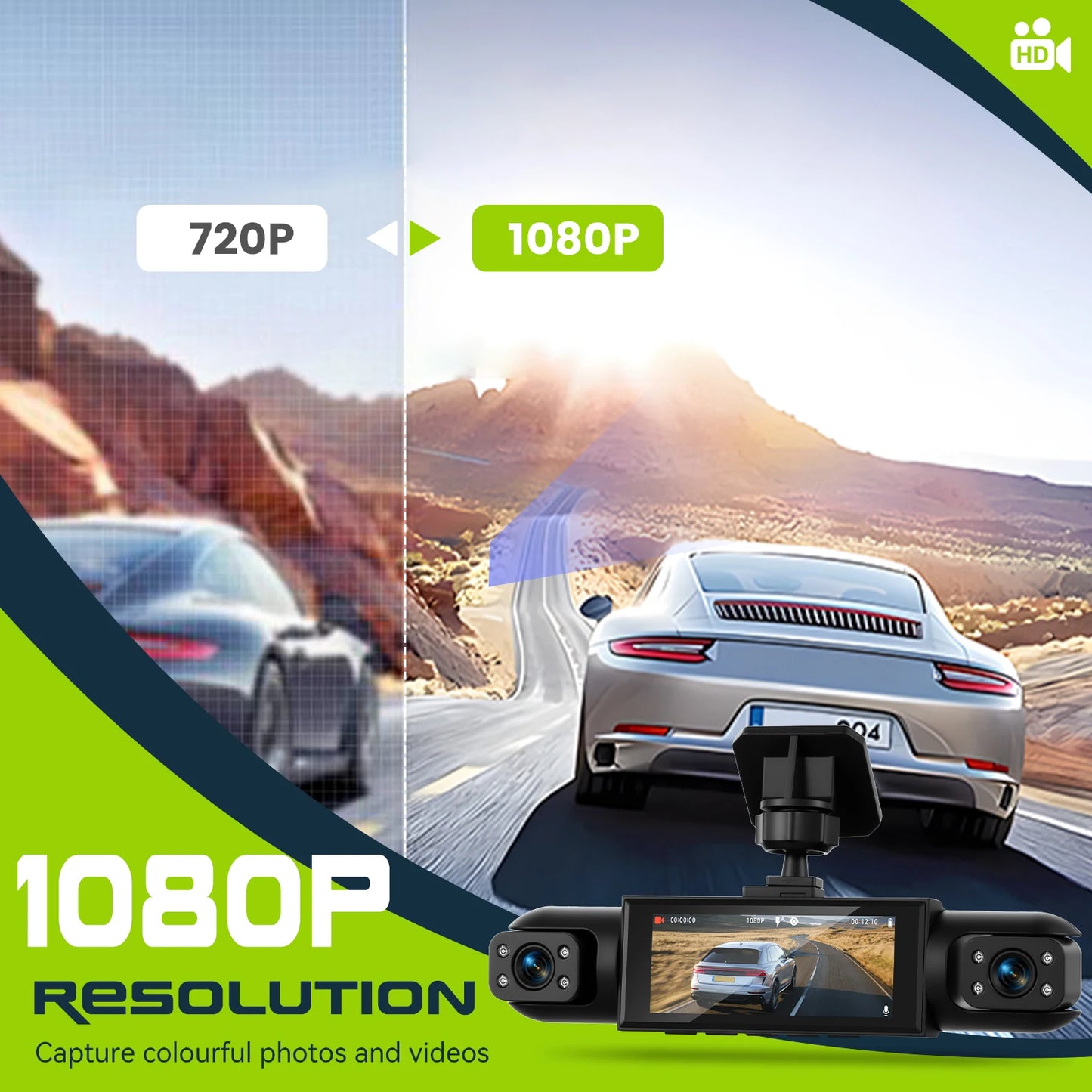 Cameră Auto Podofo 4 în 1 Full HD 1080P – Vedere Nocturnă, Monitor Parcare și Detectare Mișcare
